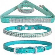 WwWSuppliers Teal Green PU Leather Crocodile Bling Dog Puppy Pet Adjustable Collar & Teal Green Bling Leash Lead Elegant Flashy Dazzling Fancy Diva Luxury Fashion Combo (Extra Small)