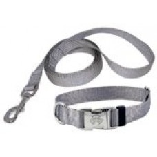 Country Brook Design Premium Nylon Dog Collar and Leash Set - Silver - L