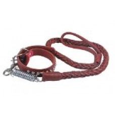Braided Genuine Leather Dog Pet Trainin Collar Leash Set Heavy Duty Stainless Chain with Spring (Red Brown)