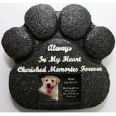 Paw Print Pet Memorial Stone with rear storage compartment for ashes and keepsakes