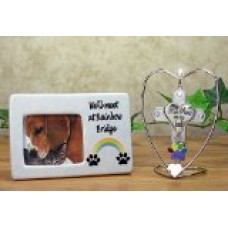 Rainbow Bridge Pet Memorial Ceramic Picture Frame & Paw Print Hanging Ornament Cross Set -- Paw Print and Rainbow Design with the Saying 
